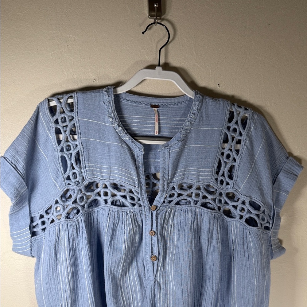 Free People Light Blue Crochet Yoke Button-Up Top - Picture 2 of 5